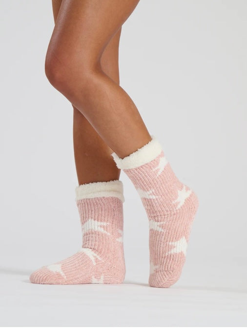 Pink Star Chenille Star Socks With Sherpa Lining