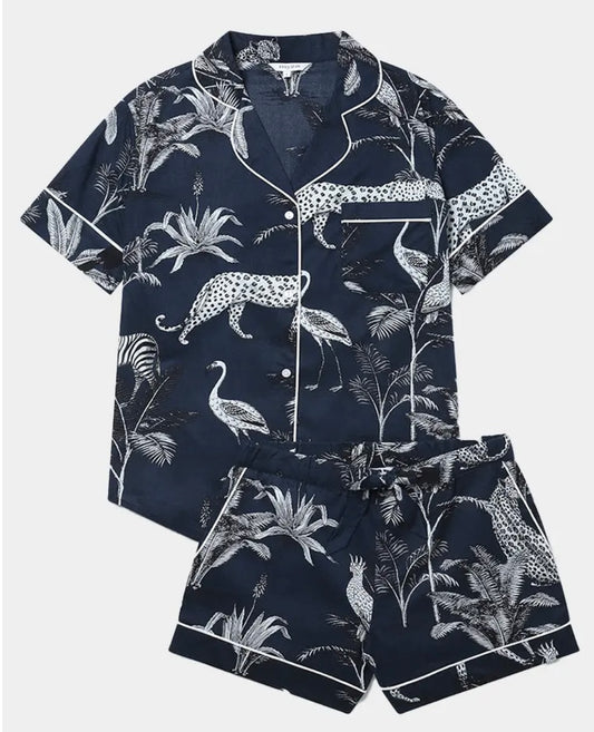 Women’s Organic Cotton Short Sleeve Pyjama Short Set -Navy Botanical Jungle