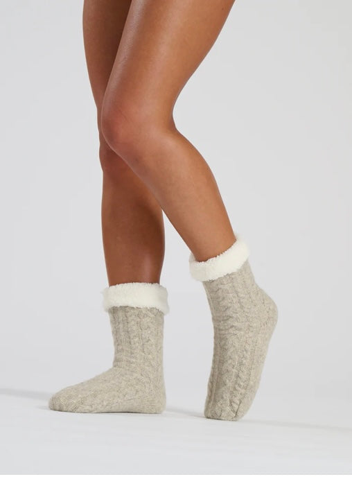 Dark Oatmeal Marl Cable Knit Socks With Sherpa Lining