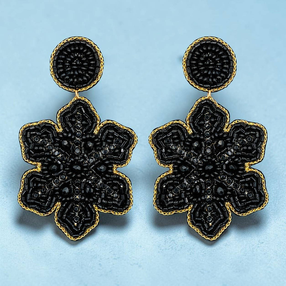 Black Beaded Flower Drop Earrings