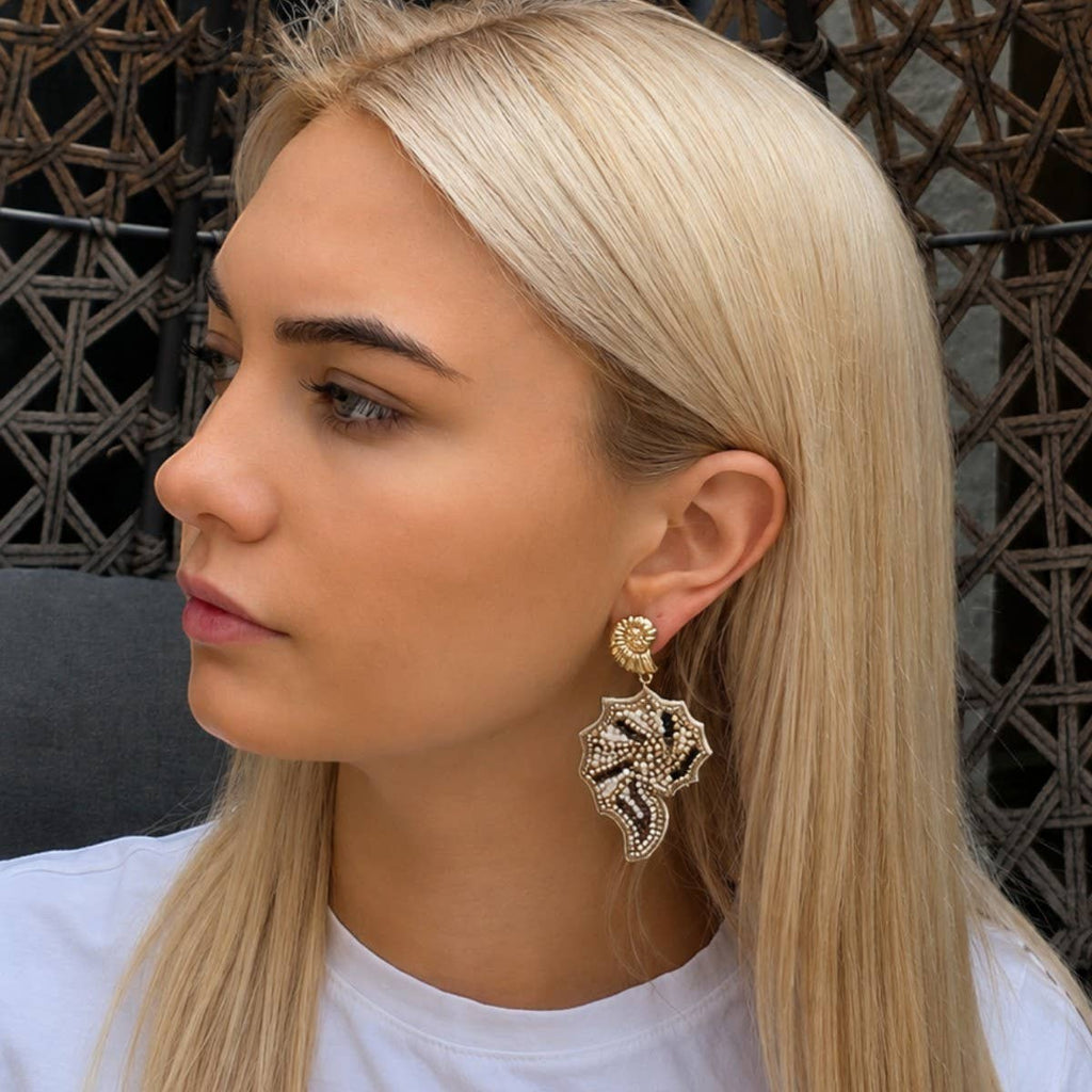 Bronze & White Beaded Spiral Shell Earrings