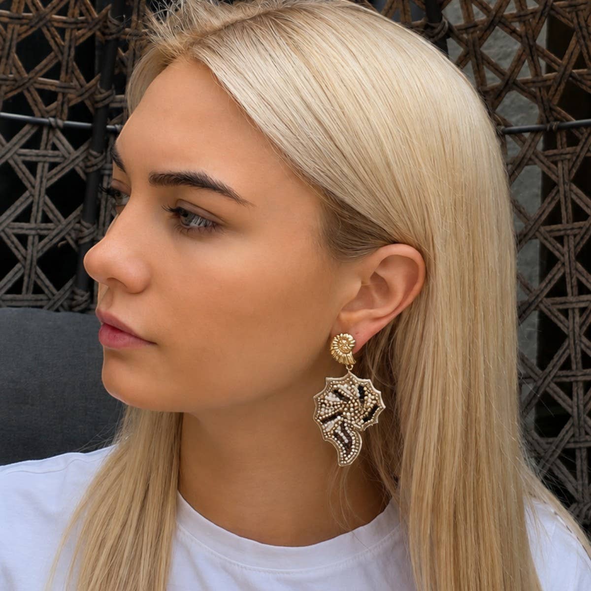 Bronze & White Beaded Spiral Shell Earrings
