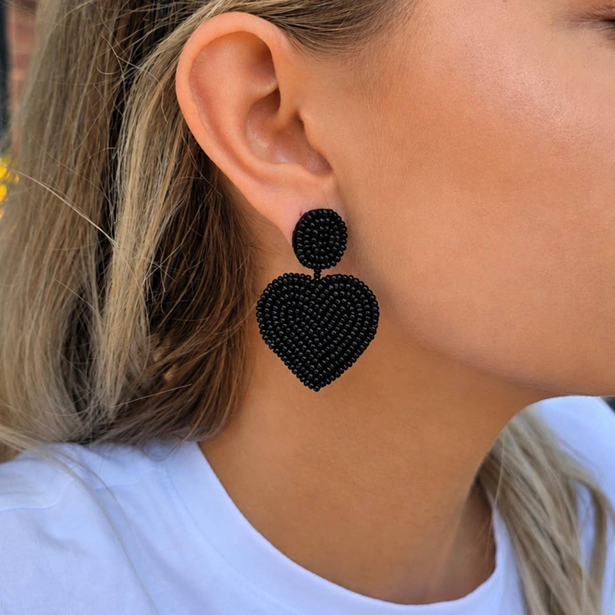 Black Beaded Heart Earrings