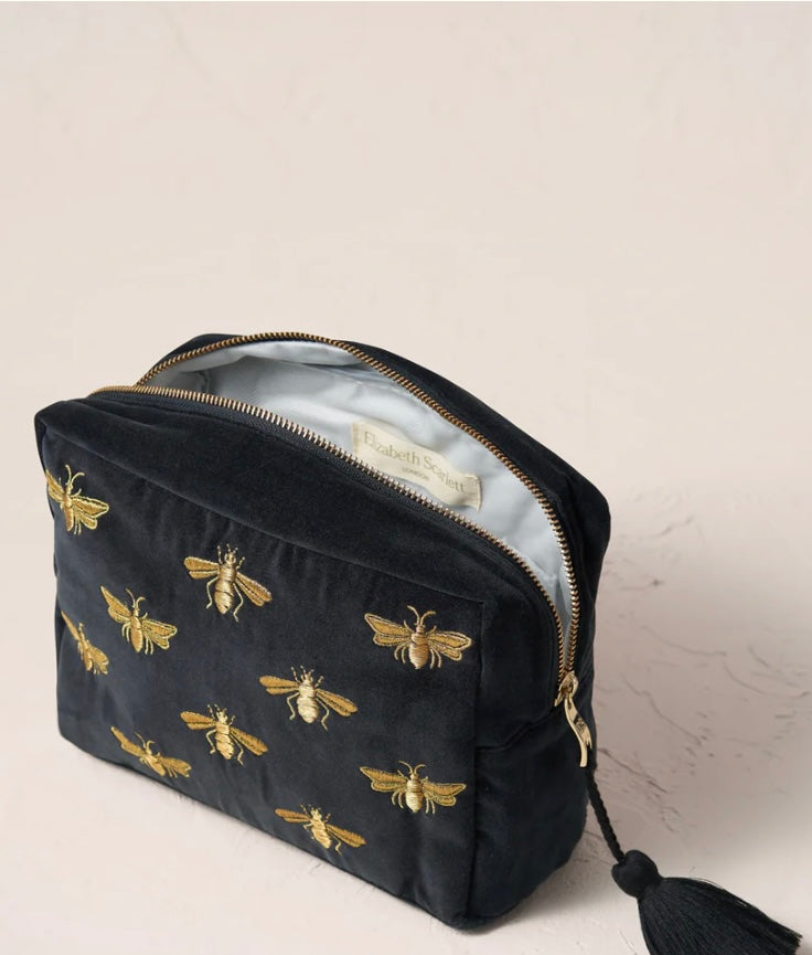 Honey Bee Velvet Wash Bag - Charcoal