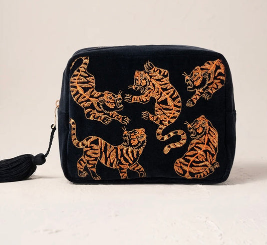 Wild Tiger Velvet Wash Bag - Charcoal