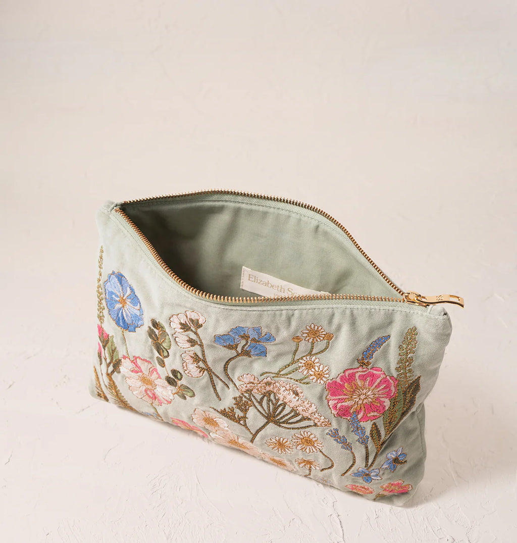 Pressed Flowers Velvet Everyday Pouch -Sage/Velvet