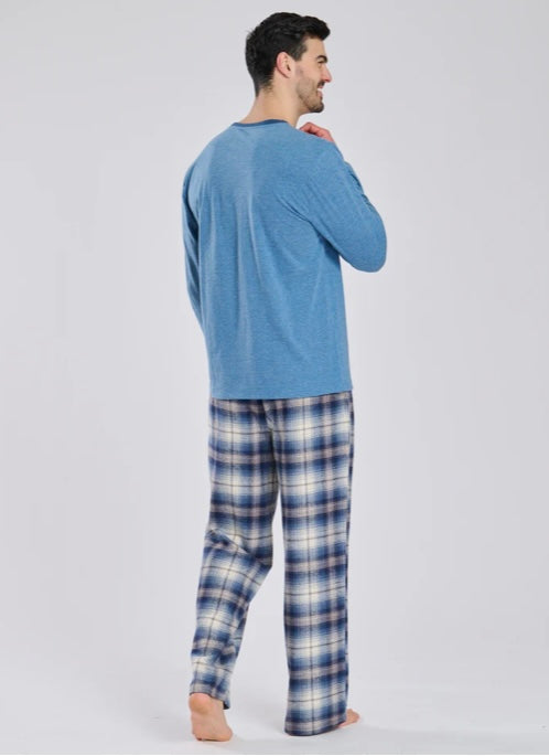 Men’s Blue Jersey Top With Brushed Check Trousers