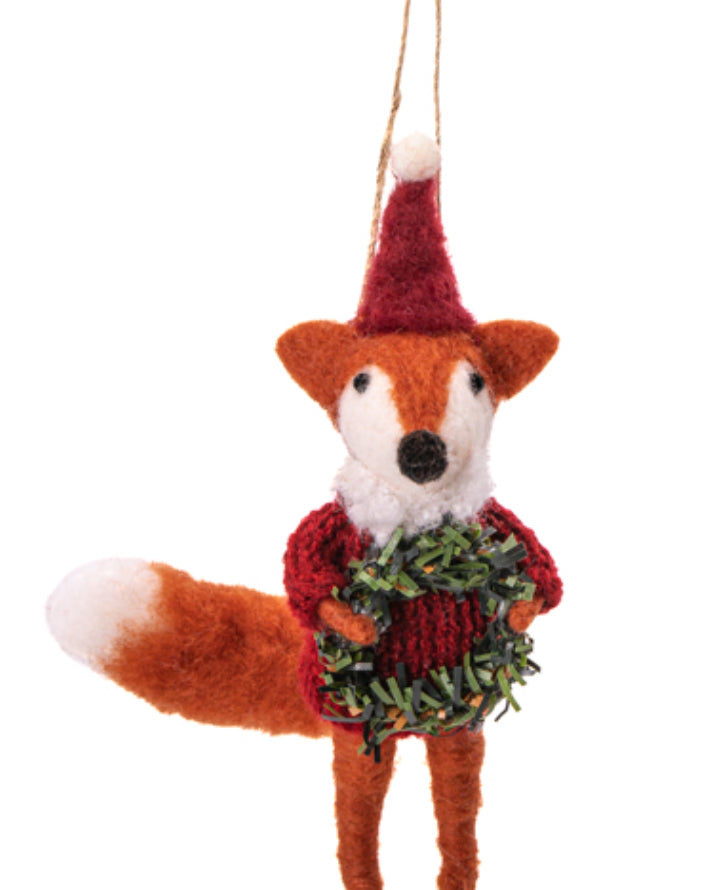 Red Fox With Wreath Felt Decoration