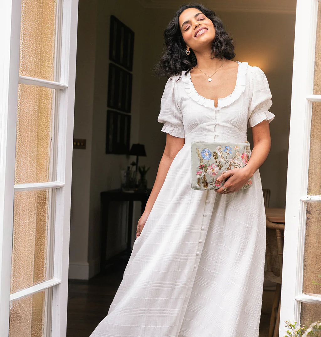 Pressed Flowers Velvet Everyday Pouch -Sage/Velvet