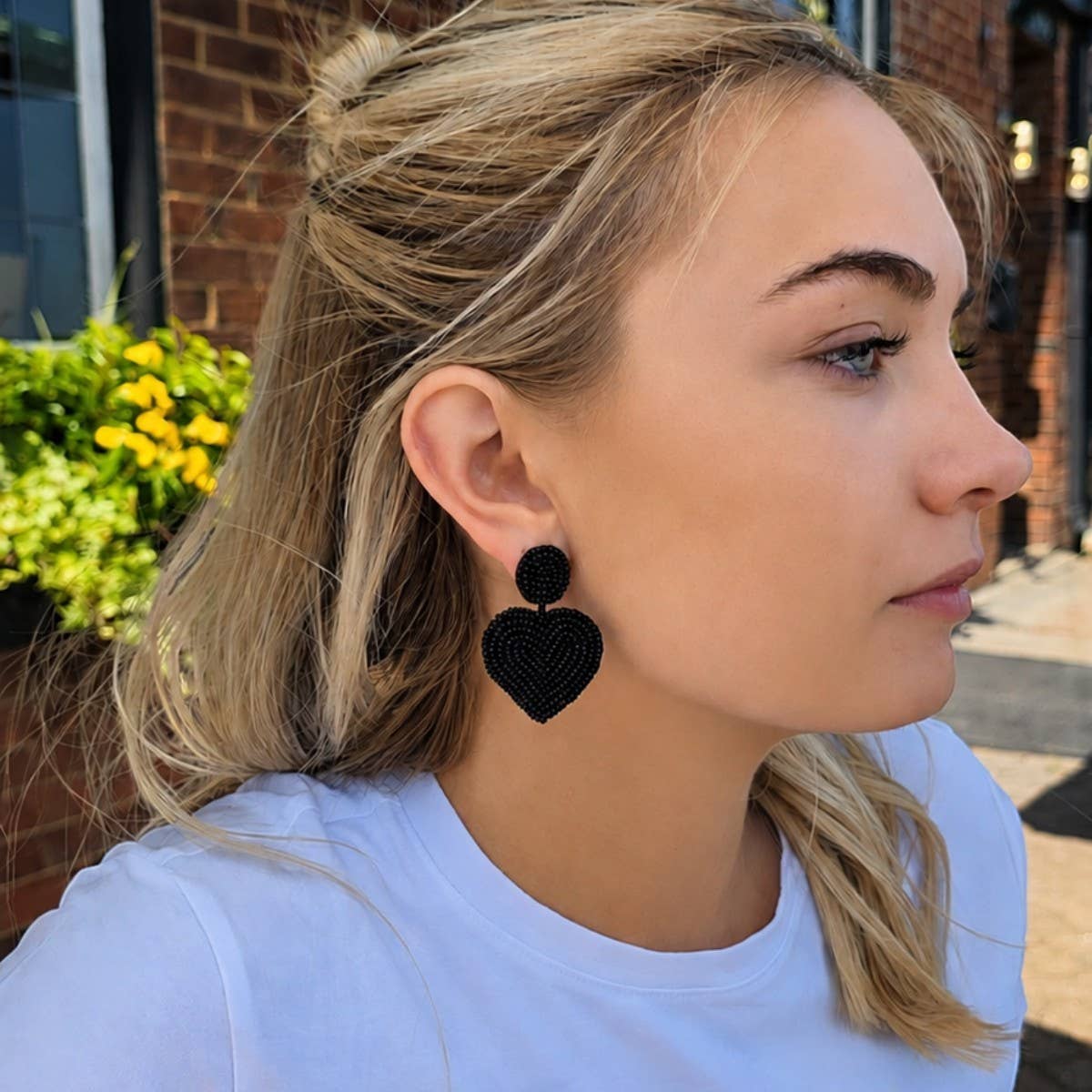 Black Beaded Heart Earrings