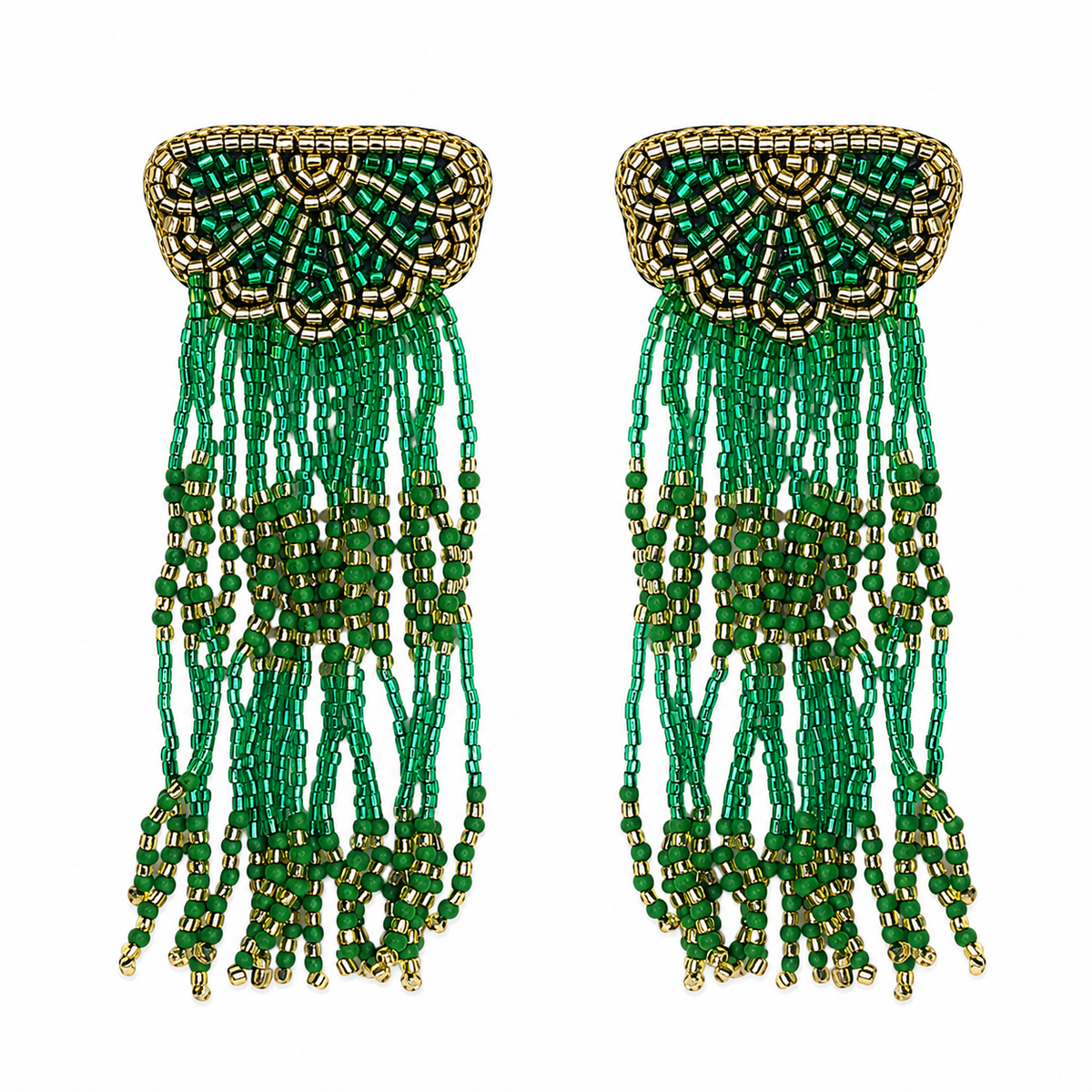 Malachite & Gold Beaded Deco Tassel Earrings