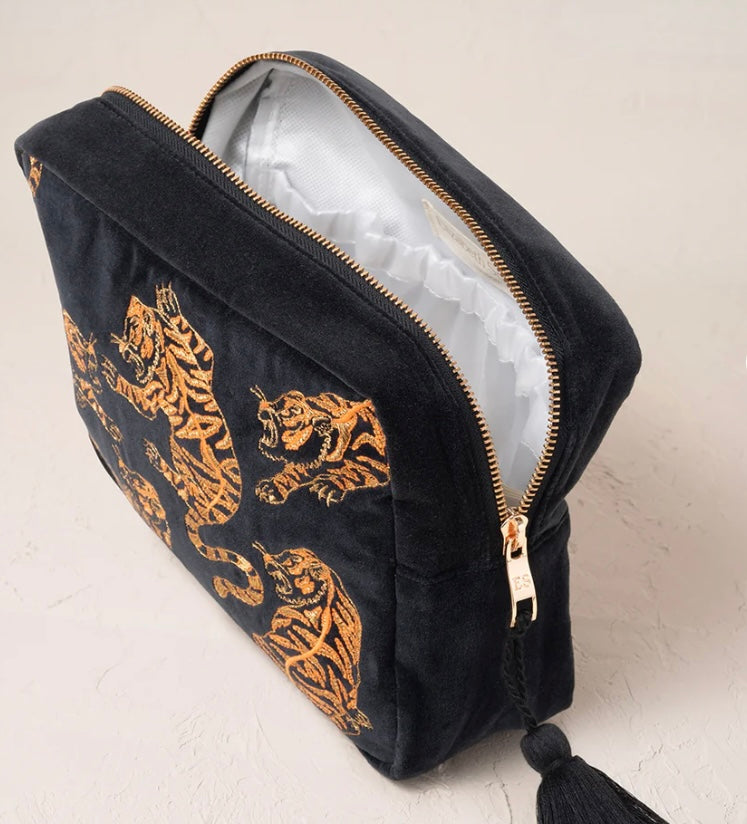 Wild Tiger Velvet Wash Bag - Charcoal