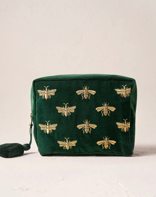 Honey Bee Velvet Wash Bag- Forest