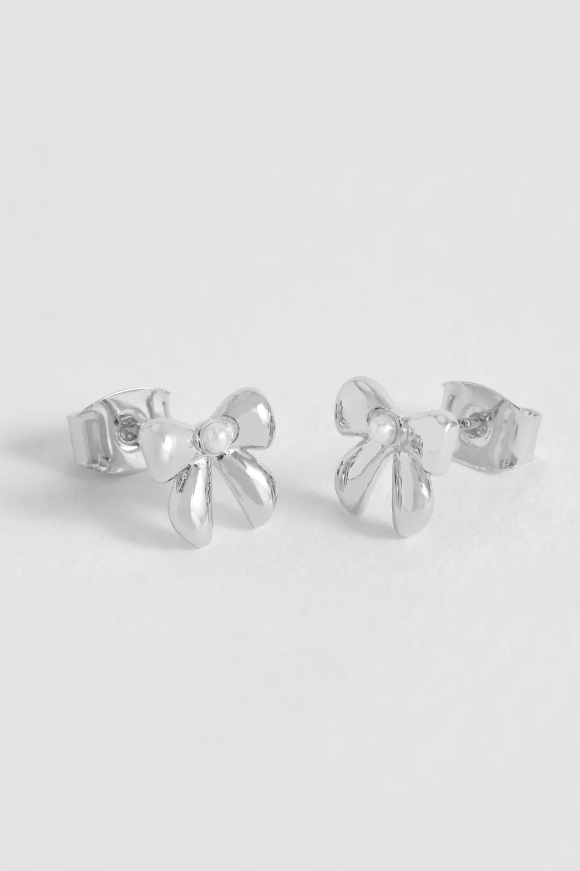 Pearl Bow Stud Earrings- Silver Plated