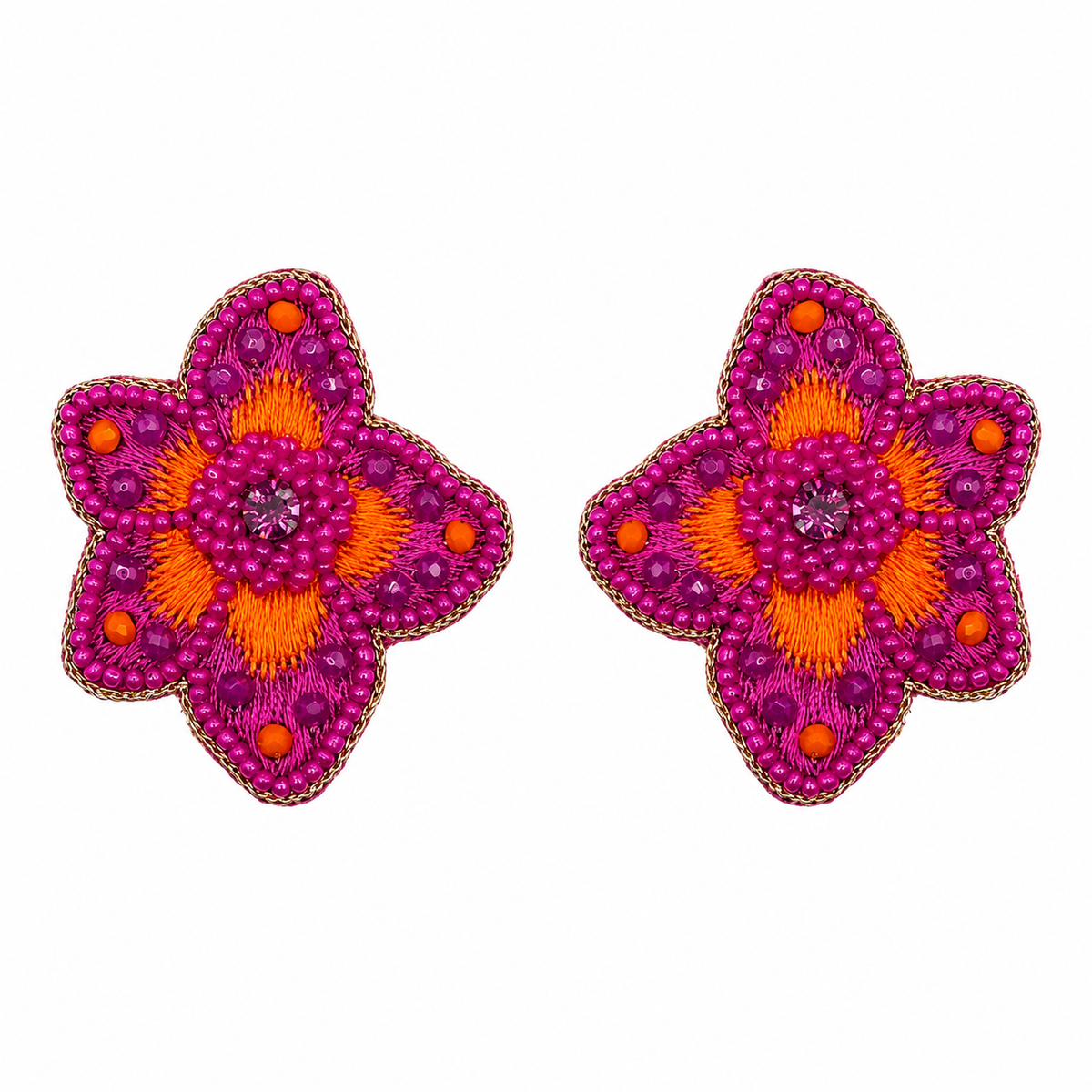 Pink & Orange Embroidered Flower Stud Earrings