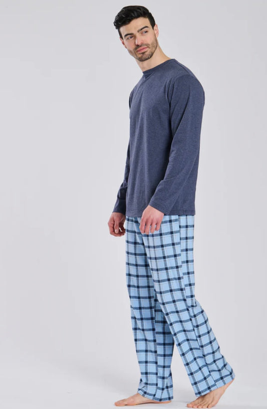 Mens Navy Jersey Top With Brushed Checked Trousers