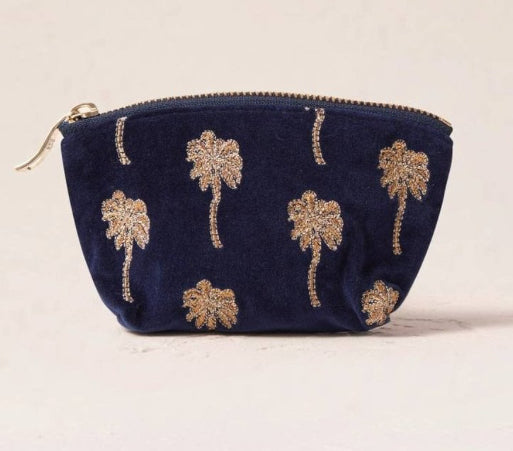 Gold Palm Velvet Coin Purse -Navy