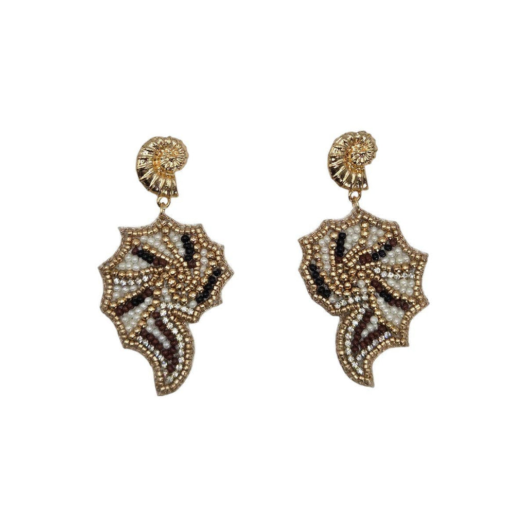 Bronze & White Beaded Spiral Shell Earrings