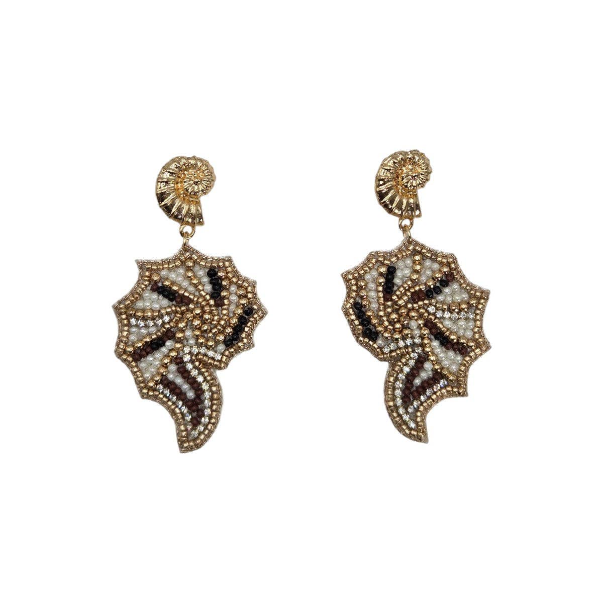 Bronze & White Beaded Spiral Shell Earrings
