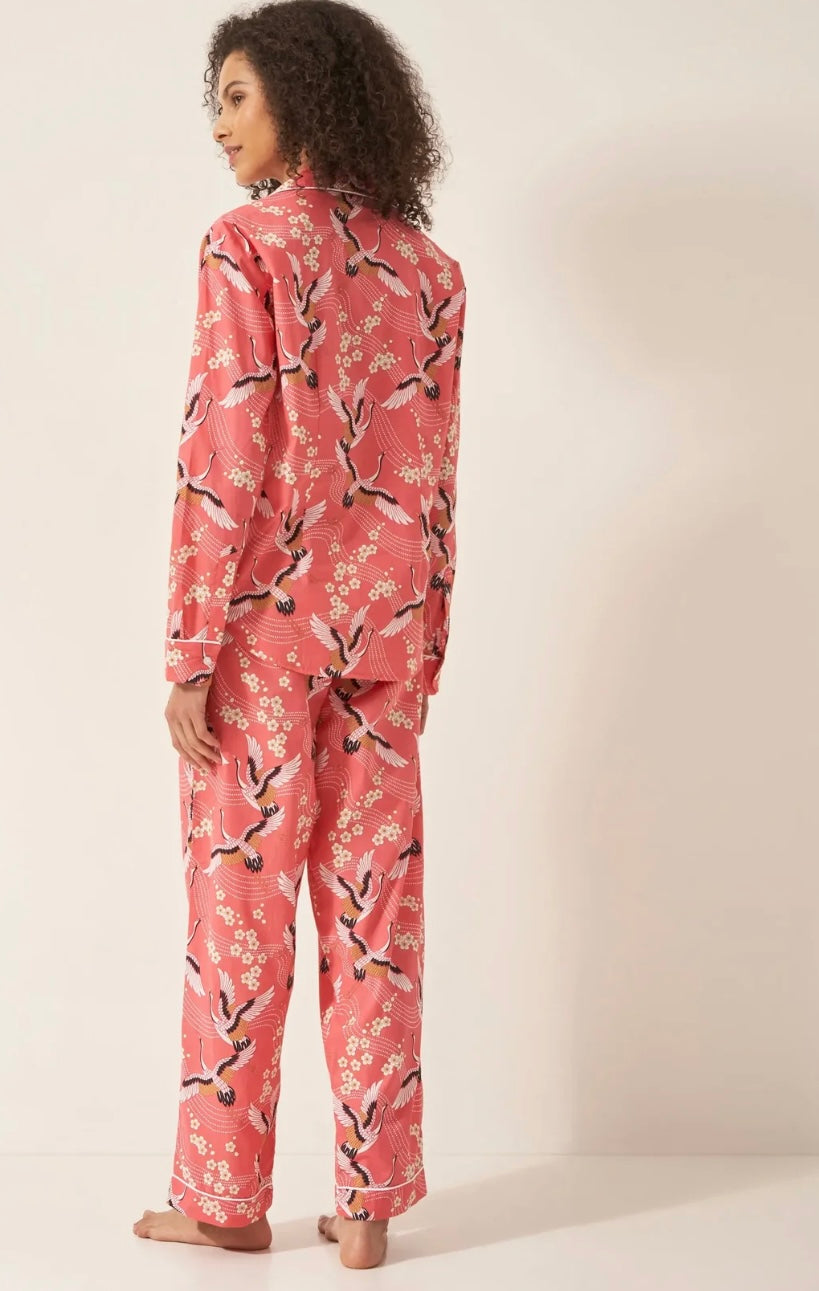 Women’s Organic Cotton Pyjamas Trouser Set - Crane On Coral