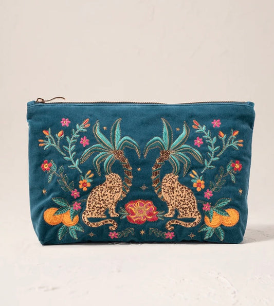 Tropical Jaguar Velvet Everyday Pouch -Rich Blue