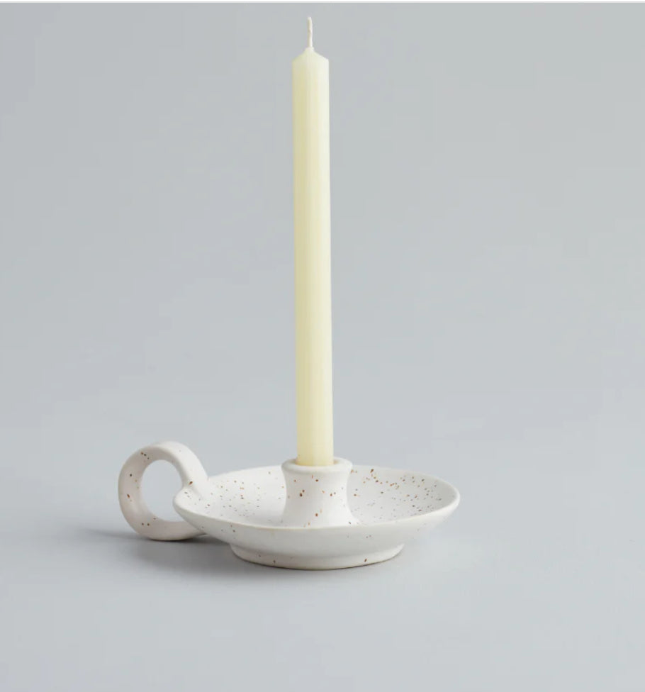 White Speckle 1/2 Candle Holder With Handle