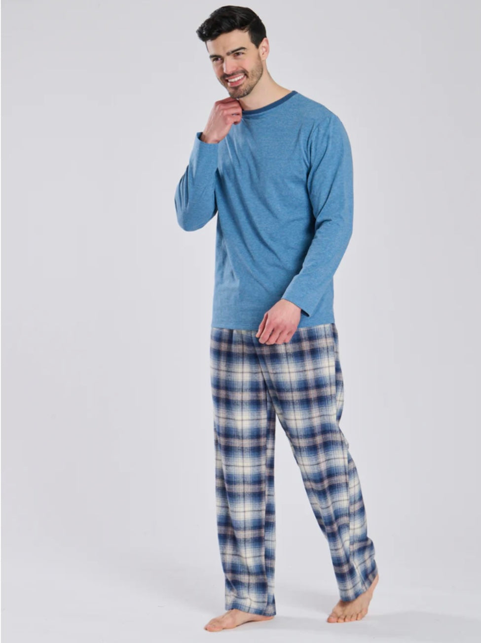 Men’s Blue Jersey Top With Brushed Check Trousers