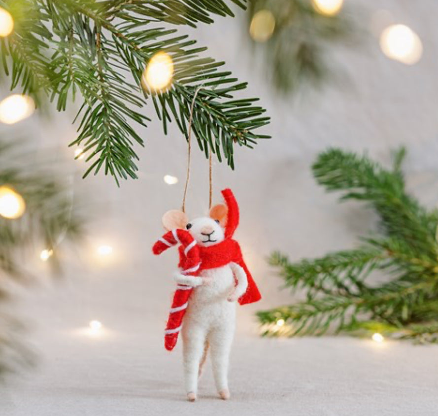 Mouse With Candy Cane Felt Decoration