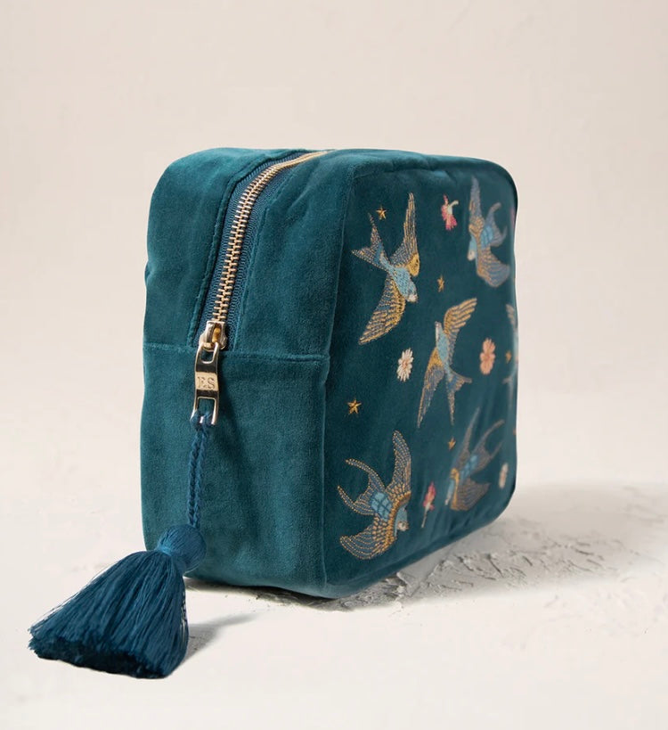 Swallows Velvet Wash Bag - Rich Blue