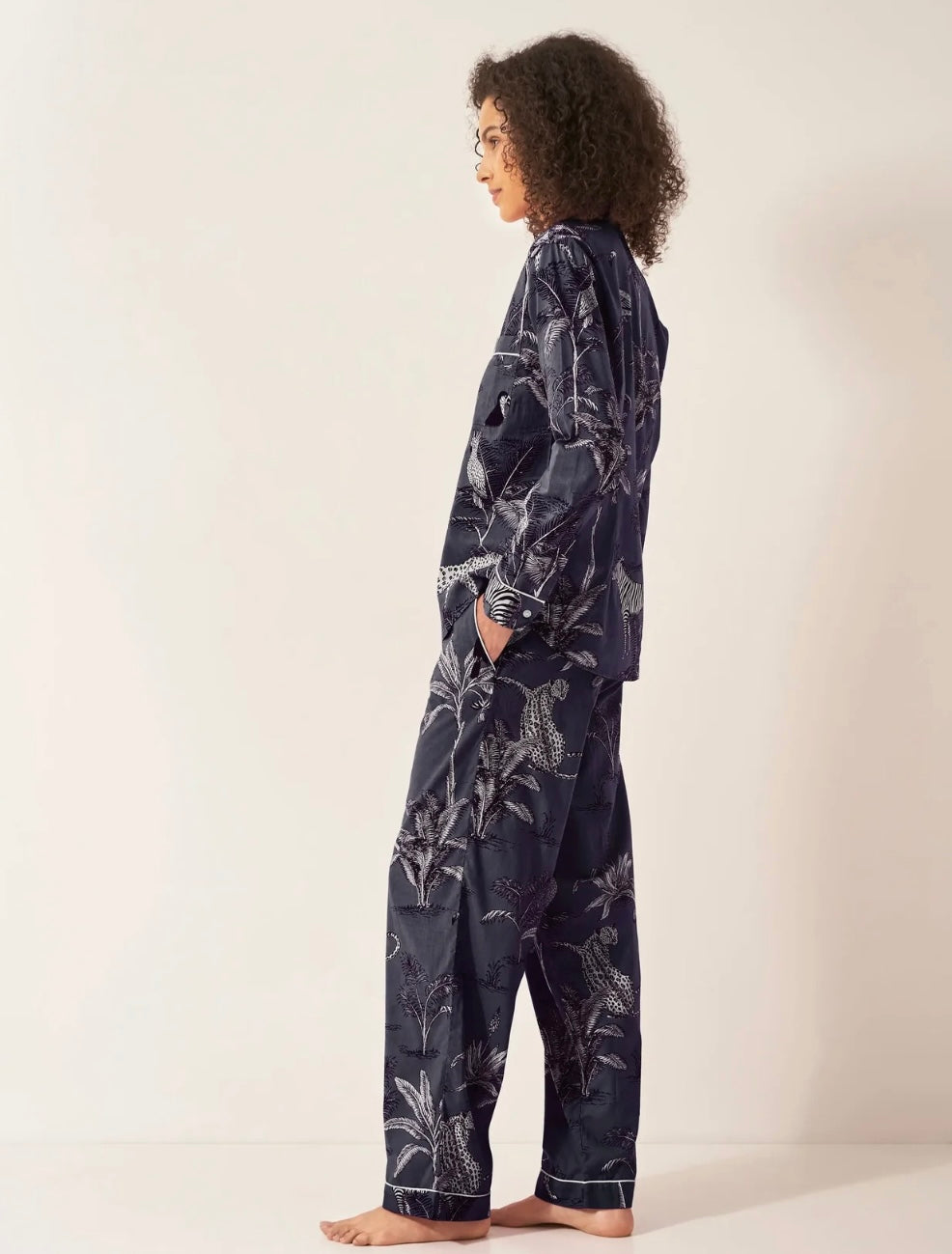 Women’s Organic Cotton Pyjama Trouser Set - Navy Botanical Jungle