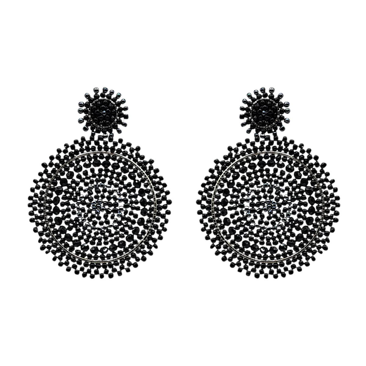 Black Beaded Circle Drop Earrings