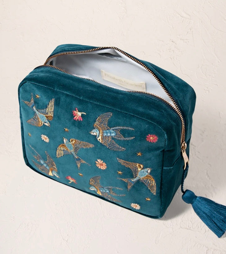 Swallows Velvet Wash Bag - Rich Blue