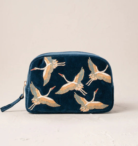 Cranes Velvet Makeup Bag -Ink Blue