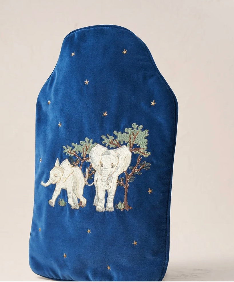 Baby Elephant Conservation Velvet Hot Water Bottle -Navy