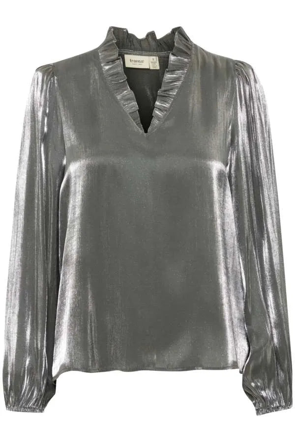 FRYOLAND Silver V -Neck Ruffle Blouse