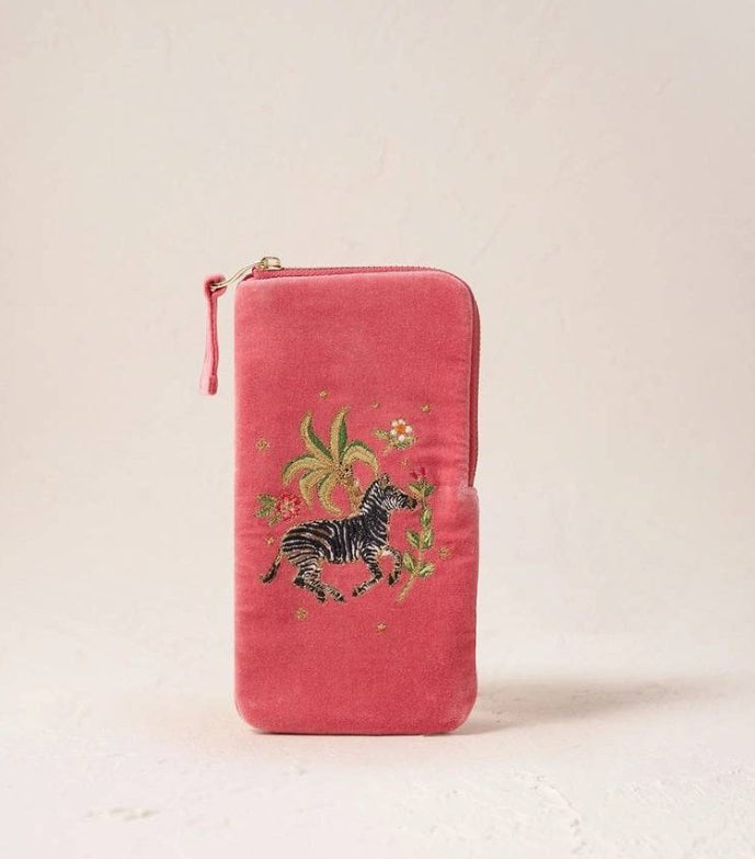 Wild Zebra Palm Velvet Glasses Case -Blush Pink