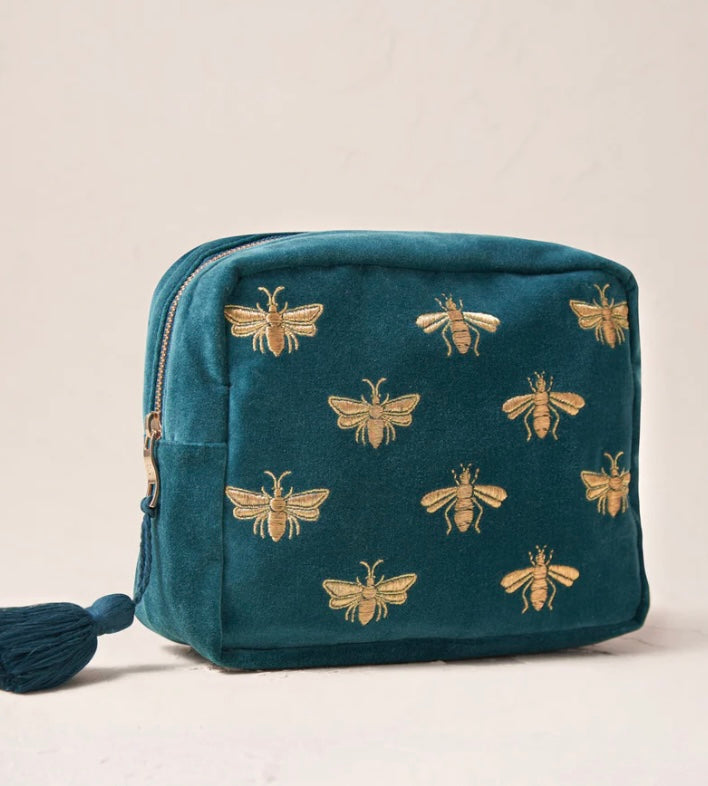 Honey Bee Velvet Wash Bag - Rich Blue Teal