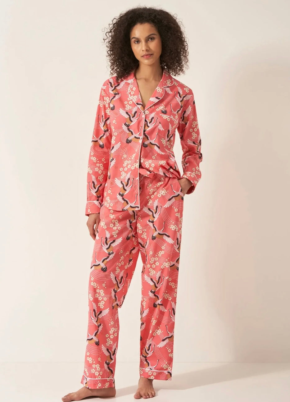 Women’s Organic Cotton Pyjamas Trouser Set - Crane On Coral