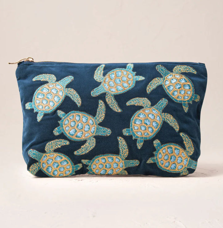 Turtle Conservation Velvet Everyday Pouch -Marine Navy