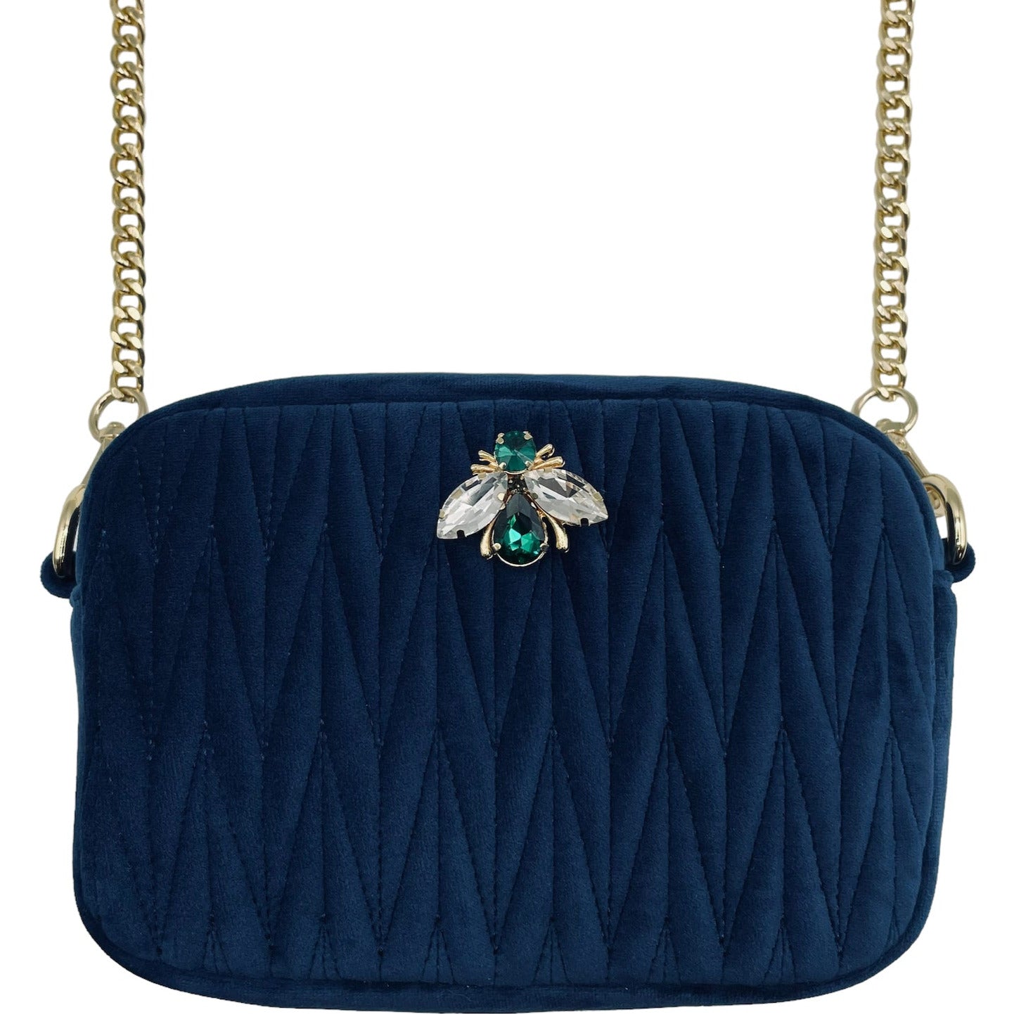 Velvet Rivington Handbag in Blue with luna bee pin - recycled velvet