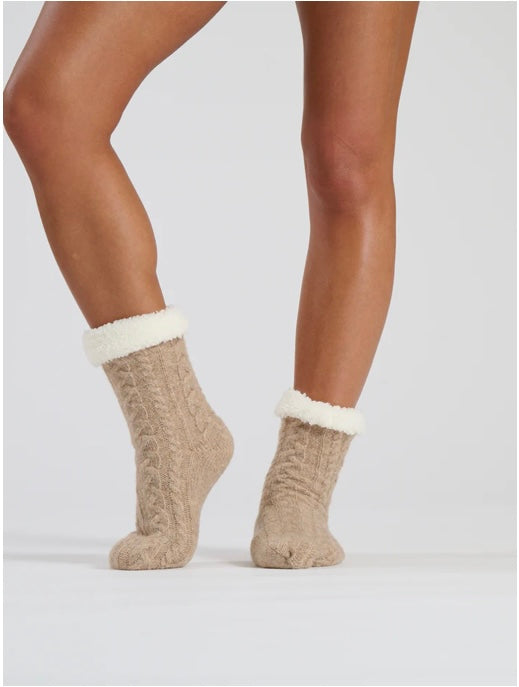 Beige Marl Cable Knit Socks With Sherpa lining