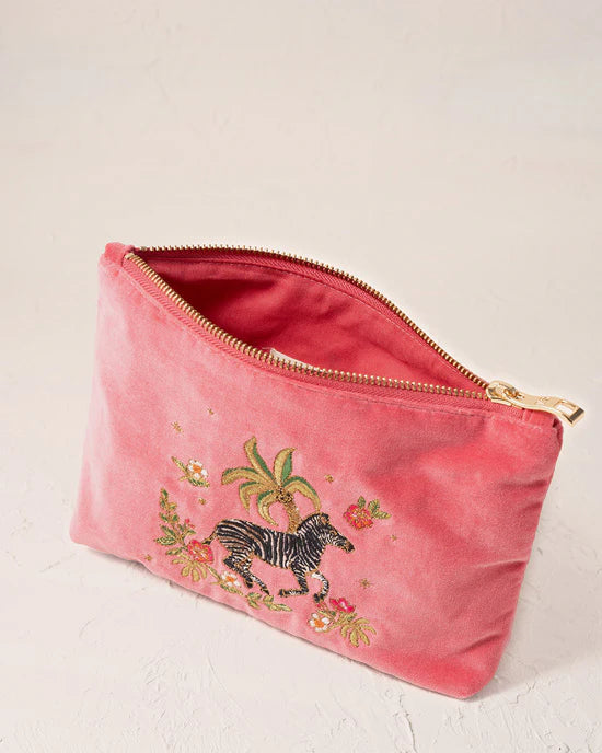 Wild Zebra Palm Velvet Mini Pouch -Blush Pink