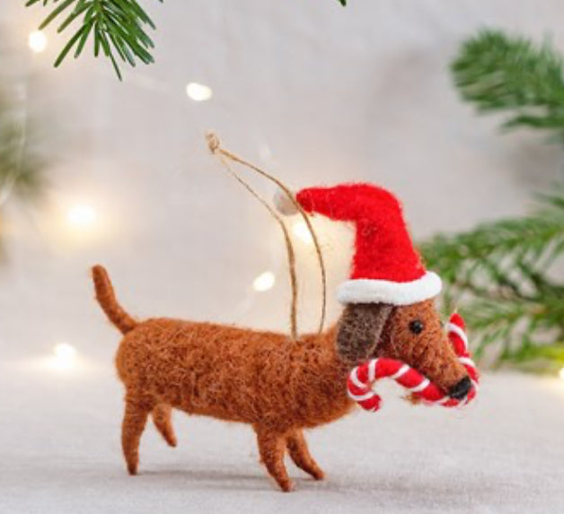 Sausage Dog With Candy Cane Felt Decoration