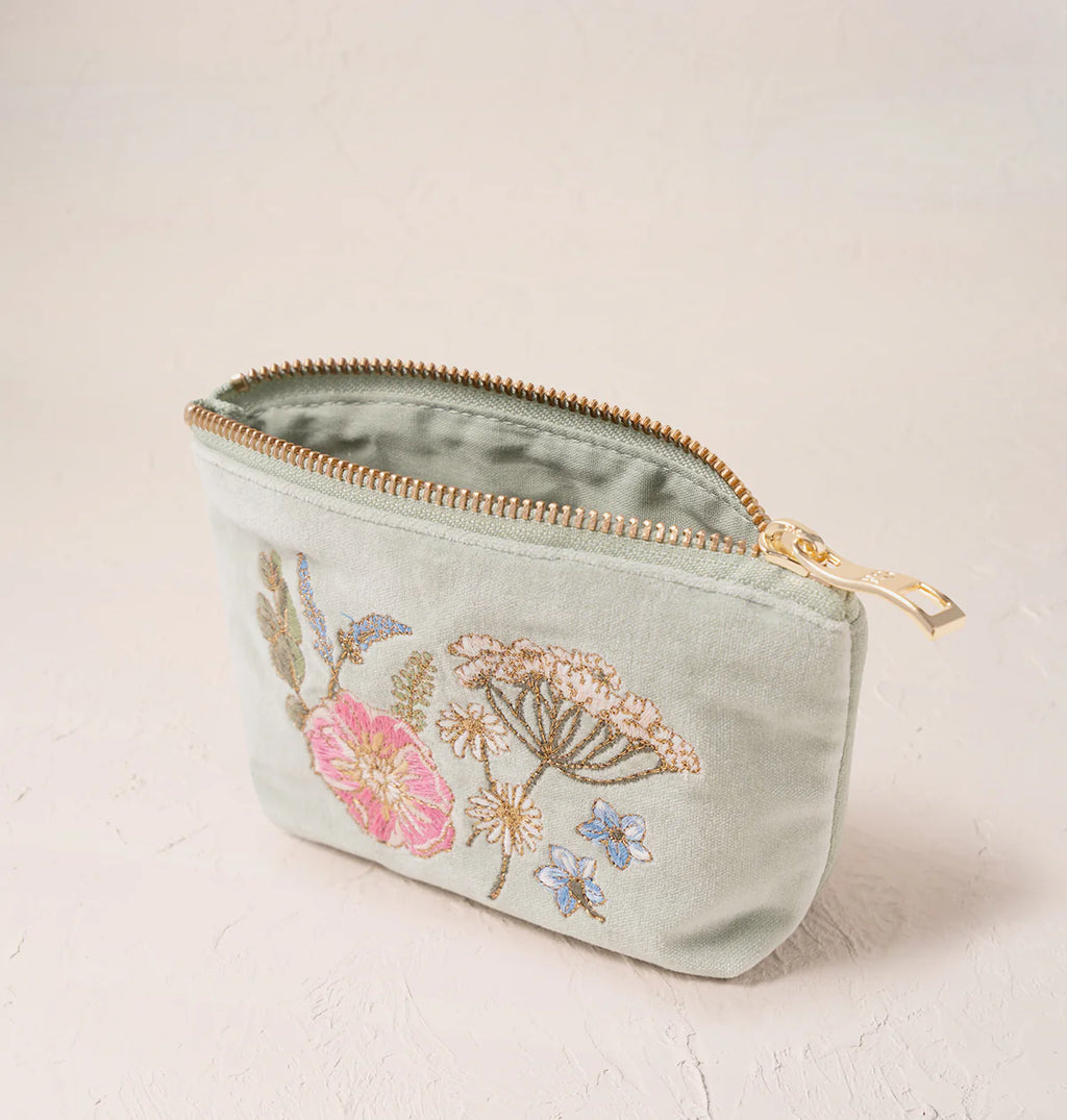 Pressed Flowers Velvet Coin Purse -Sage/Velvet