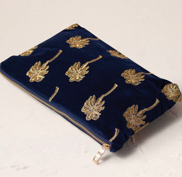 Gold Palm Velvet Everyday Pouch-Navy