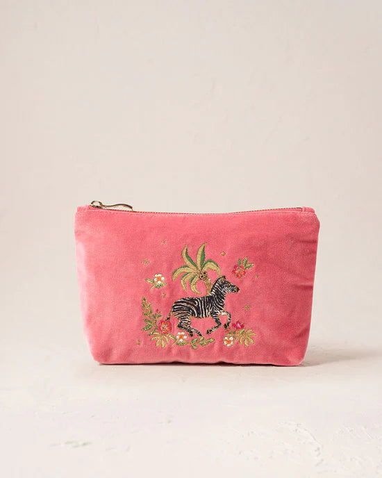 Wild Zebra Palm Velvet Mini Pouch -Blush Pink