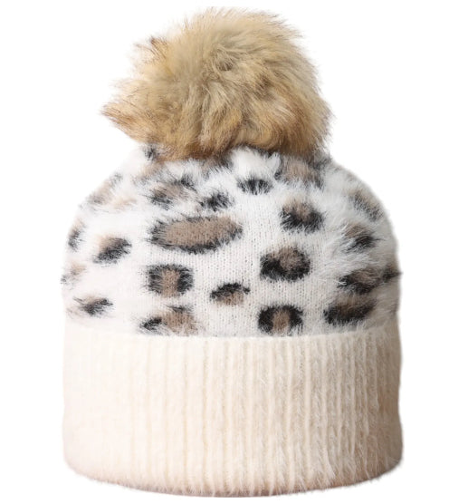 Leopard Fluffy Bobble Hat