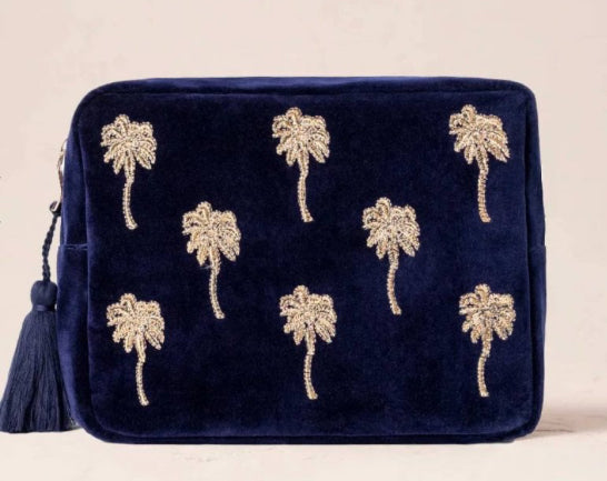 Gold Palm Velvet Wash Bag -Navy