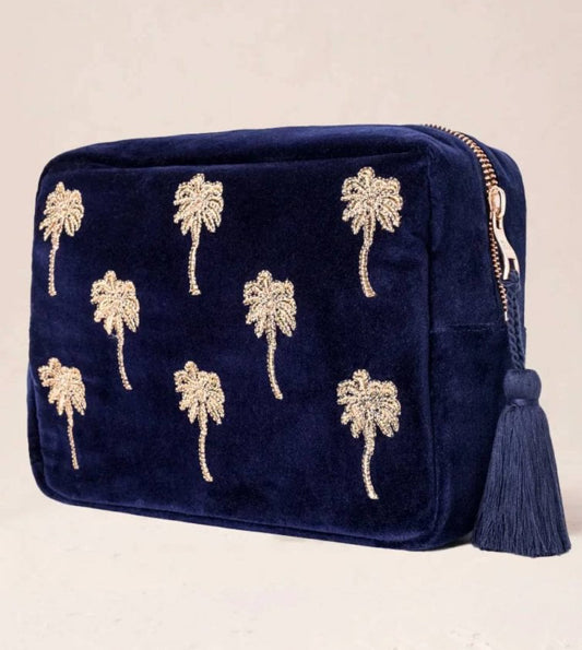 Gold Palm Velvet Wash Bag -Navy