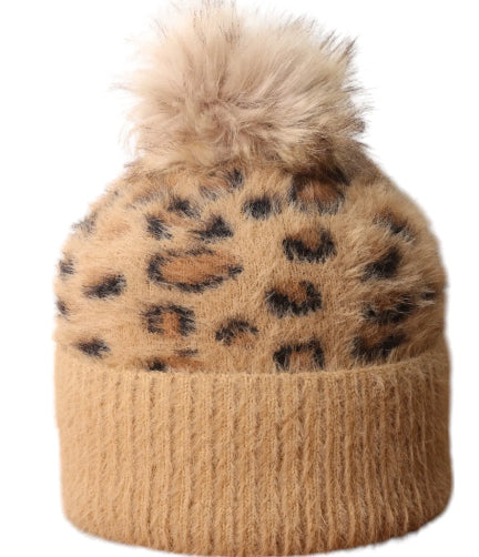 Leopard Fluffy Bobble Hat
